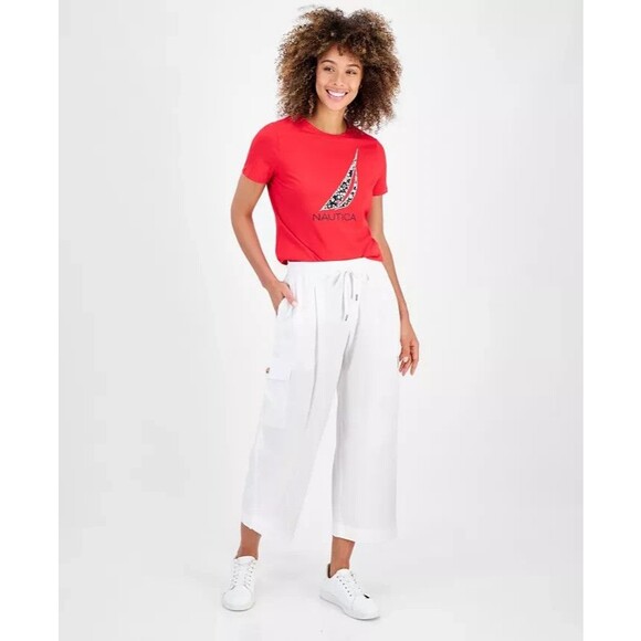 Nautica Jeans Women’s Drawstring Cropped Cargo Pants, White, XL - Picture 1 of 2